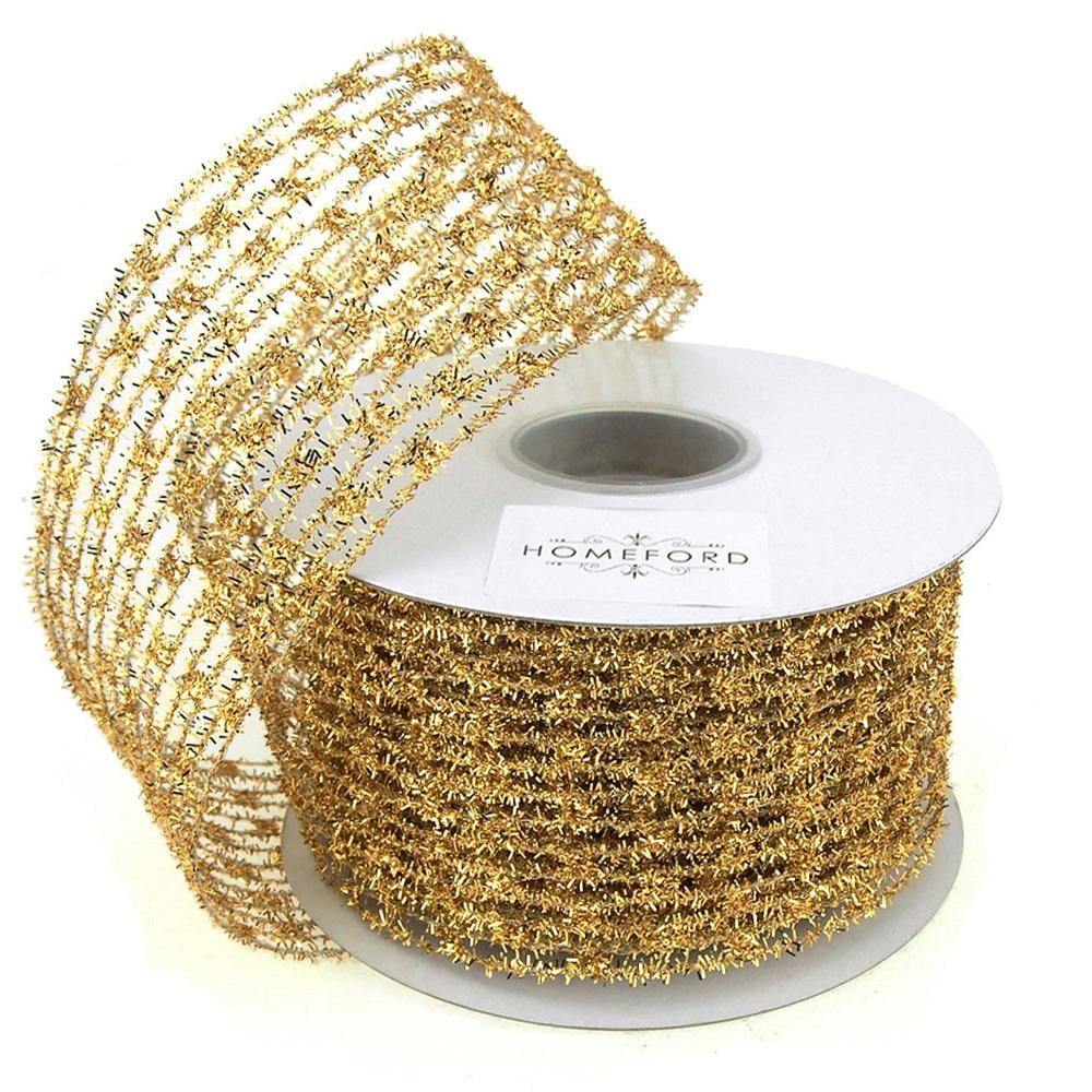 Mesh Net Glitter Ribbon Wired Edge, 21/2Inch, 10 Yards, Gold