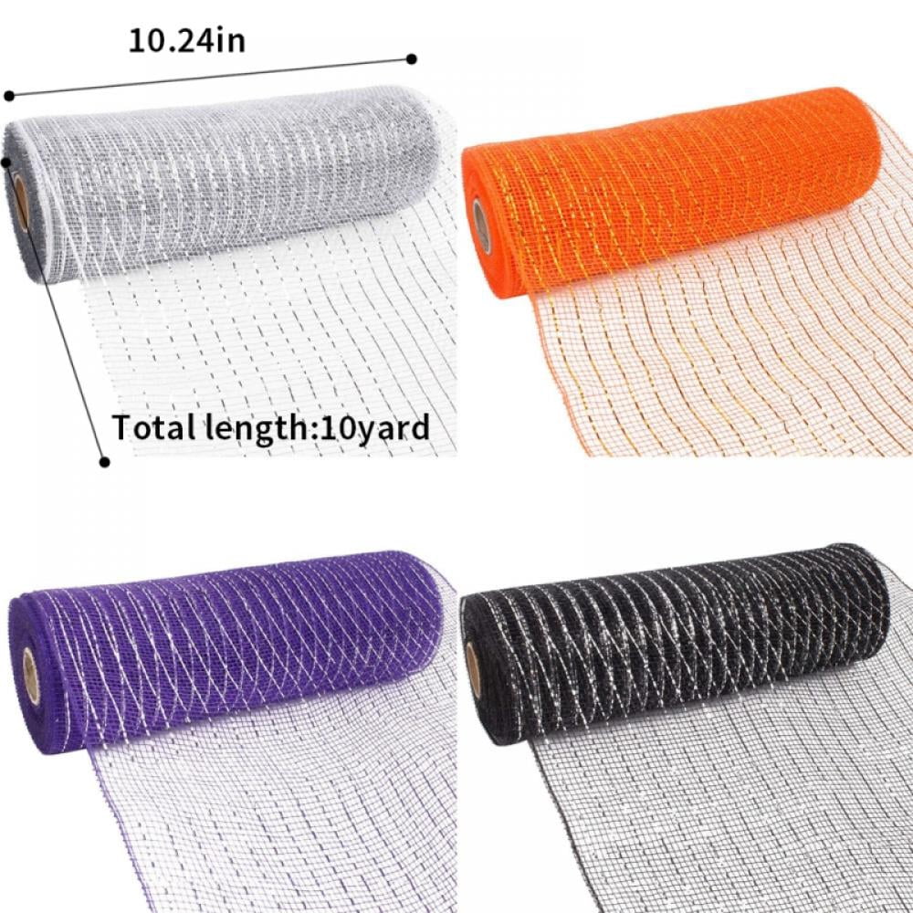 4 Rolls Deco Poly Mesh Ribbons 30 Feet Each Roll Metallic Foil Mesh Ribbon for Home Door Wreath Decoration DIY Crafts Making Supplies (Gray + Purple + Yellow Orange + Black, 10 Inches)