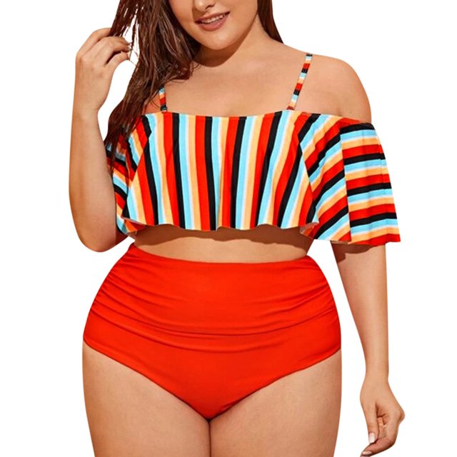 Women‘S Plus Size Bikini Sexy Split Swimsuit High Waist Striped Ruffle