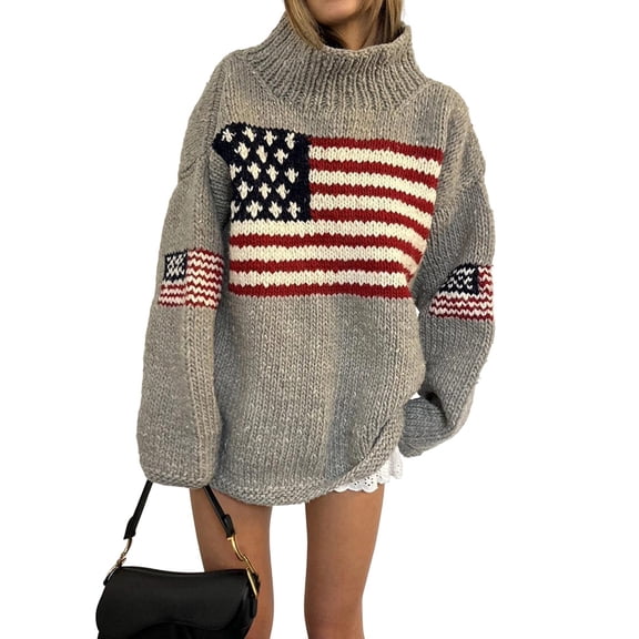 Women'S Flag Pattern Long Sleeve Round Neck Sweater Casual Loose Pullover Sweater Gray M