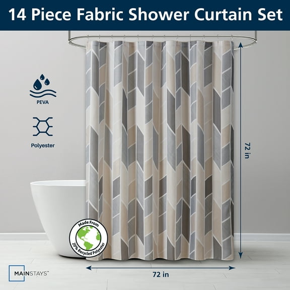 Mainstays 14 Piece Fabric Shower Curtain Set, PEVA Liner & Hooks, Natural Geometric 72" x 72"