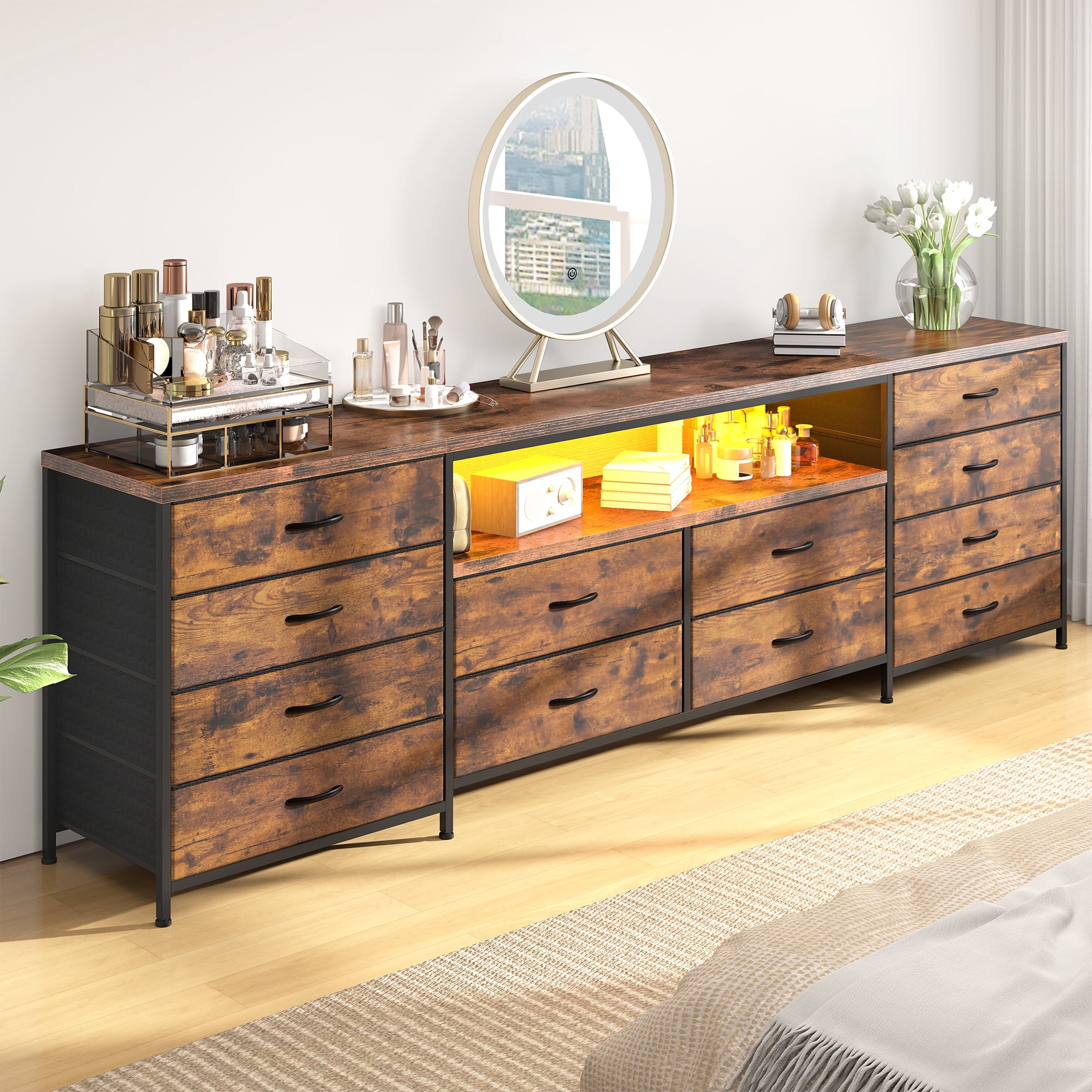 63" W 12-Drawers Dresser TV Stand for 65/70/75 Inch TVs,Entertainment Center with LED Lights & Power Outlets,Fabric Drawers for Bedroom,Living room,Rustic Brown