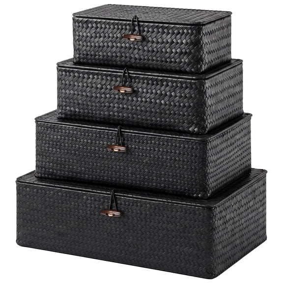 Woven Rectangular Wicker Baskets with Lids Natural Seagrass Storage Baskets Durable Rattan Storage Organizer for Kitchen Living Room Office