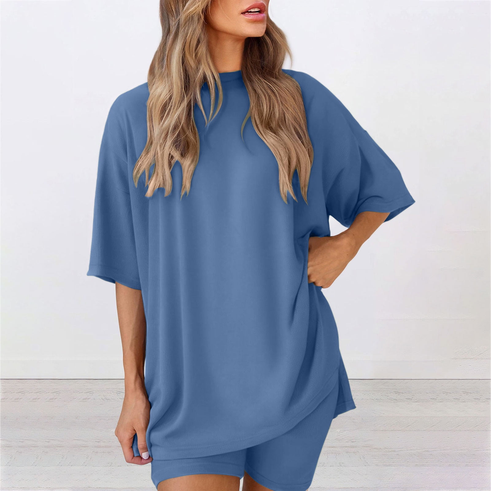 hoksml Women's Lounge Set, Two Piece Sets, Summer Oversized Tshirts Biker Short Sets Solid Color Round Neck Five Quarter Sleeved Top Shorts Sport Clothes 2025 on Clearance
