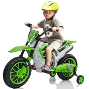 JOYLDIAS 12V Green Ride On Motorcycle Dirt Bikes for Kids with Training Wheels, Spring Suspension