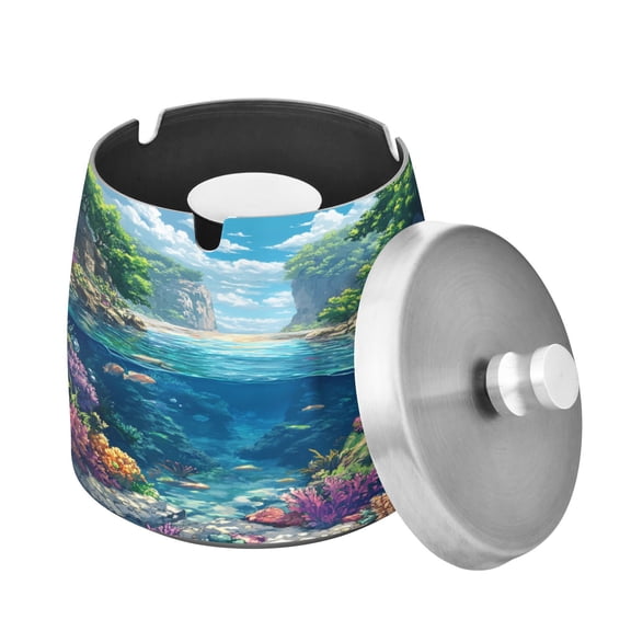 Ashtray with Lid for Cigarette, Stainless Steel Smokeless Odorless Windproof Ashtrays, for Home Office Tabletop Outside Patio Outdoor Balcony Pattern