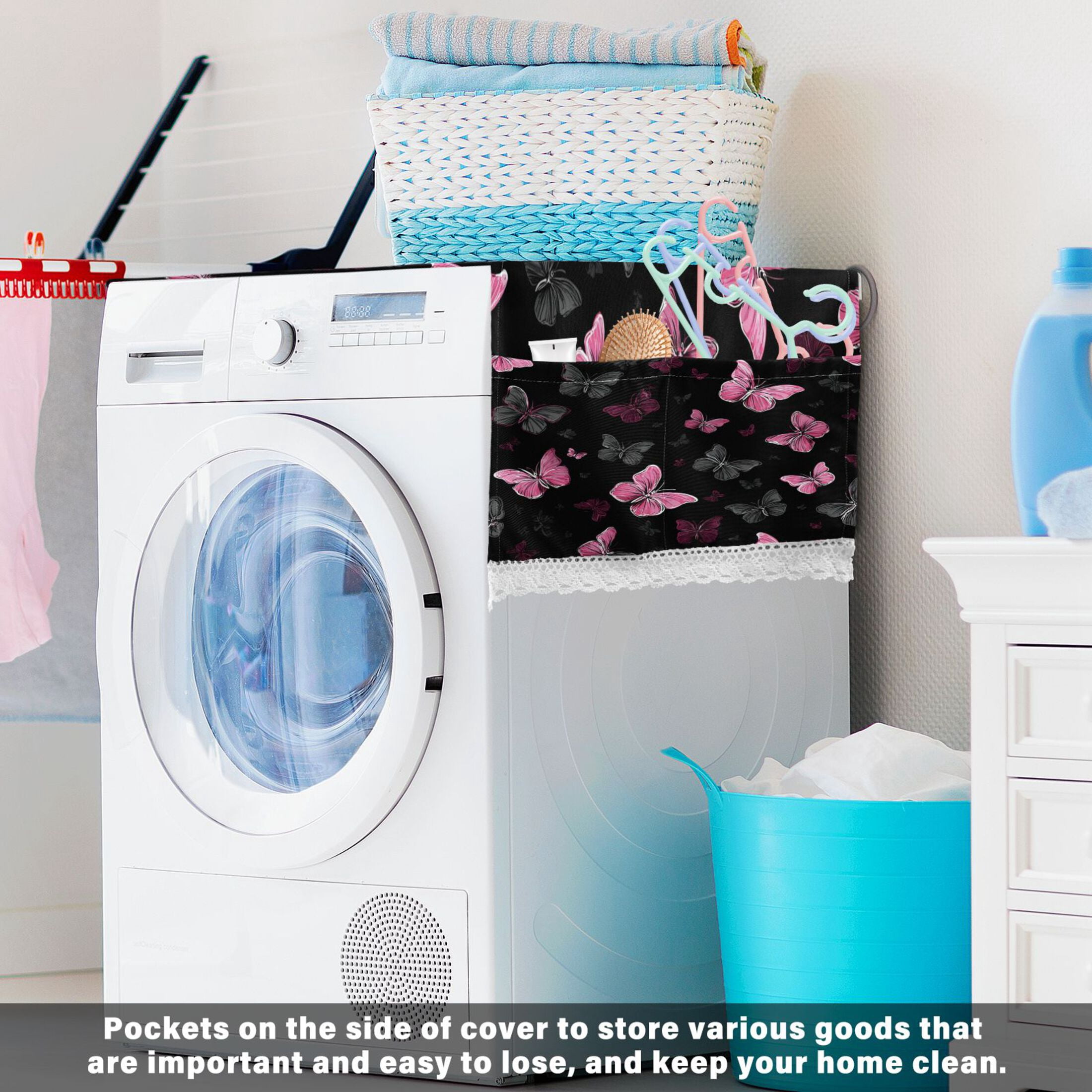 Wobogo Pink Butterfly Washing Machine Cover Dustproof Washer Dryer Cover Waterproof Laundry Room Decorative Protector