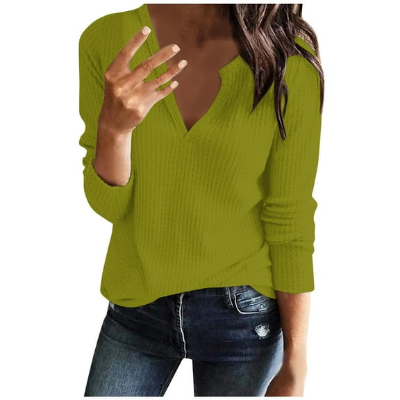 Turilly Women's Solid Color V-neck Long Sleeved Regular Sleeve Top