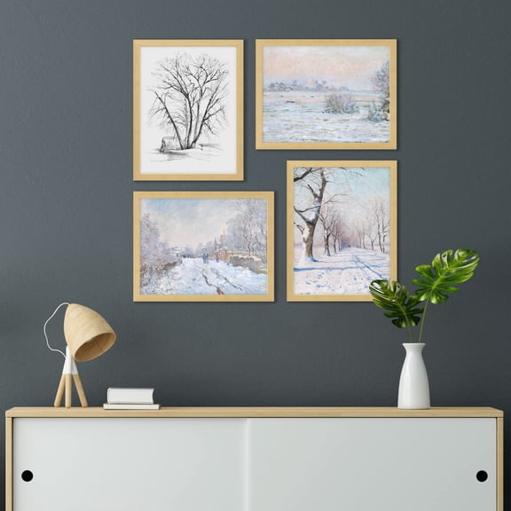 PixonSign Framed Wall Art Winter Snowy Trees, Set of 4 White Frozen Forest Wall Decor Arts, Classic Nature Landscape Wall Décor, Adhesive Canvas Poster, Modern Home Artwork - 11"x14" Natural