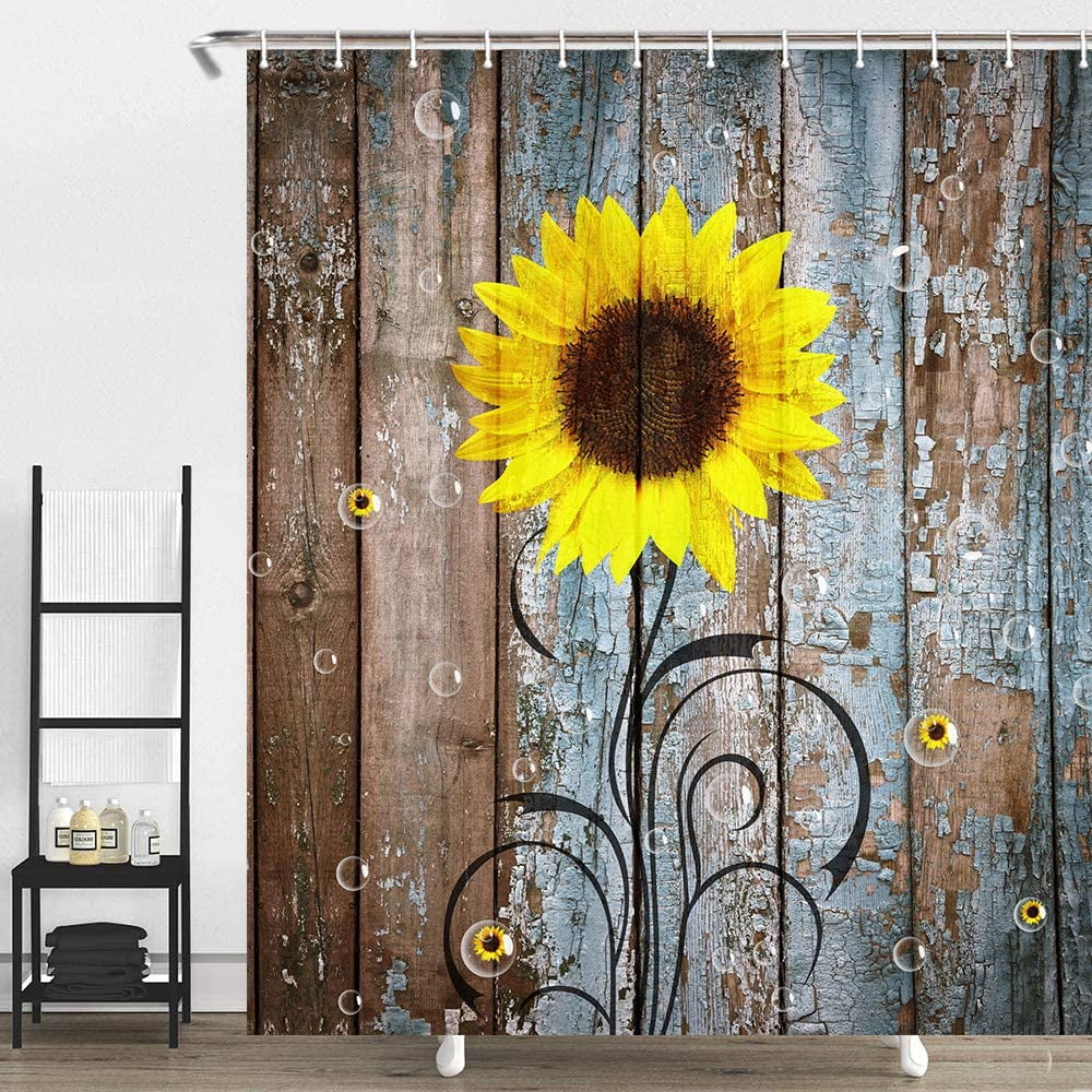 Sunflower Rustic Wooden Wall Bathroom Fabric Shower Curtain Extra Long 84 inches 