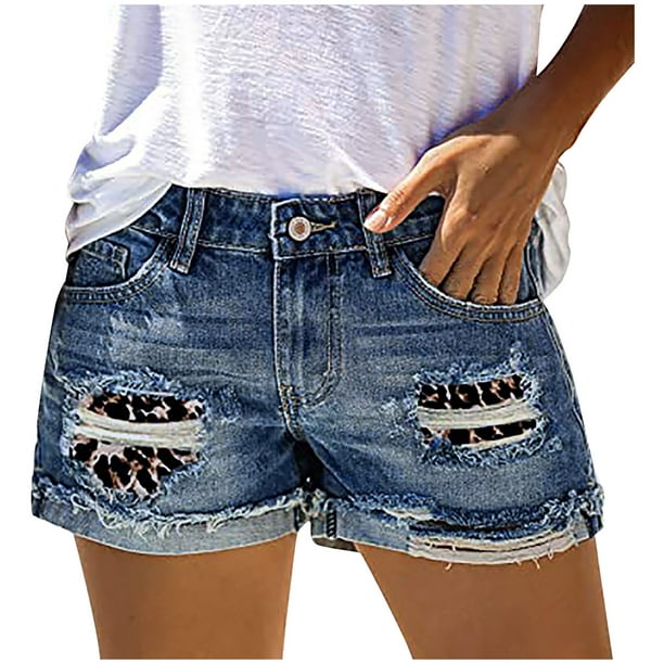 Women's Ripped Denim Shorts Mid Rise Frayed Rolled Hem Jean Shorts Leopard  Print Distressed Stretchy Summer Shorts - Walmart.com