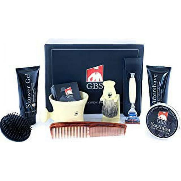 GBS-The Essential Man Shave and Grooming Kit! Includes:Scalp Brush, Lavender Shower Gel, Ivory Shave Mug, Soap, Badger Brush, Fusion Razor, Lavender Aftershave Balm, Soothe-fast, and 7" Dressing Comb!