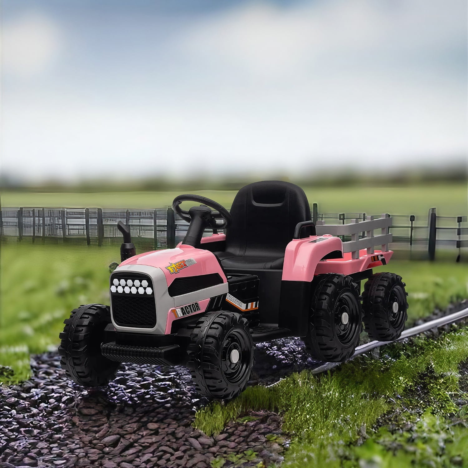 CIPACHO 12v Battery-Powered Kids Toy Tractor with Trailer and 3-Gear-Shift Ground Loader Ride On with USB&Bluetooth Audio Functions, Pink CIPACHO 12v Battery-Powered Kids Toy Tractor with Trailer and 3-Gear-Shift Ground Loader Ride On with USB&Bluetooth Audio Functions, Pink