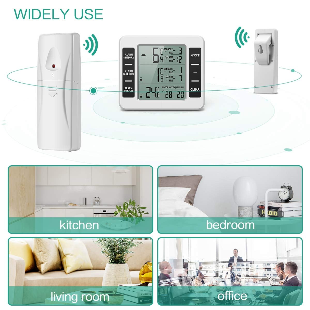 Refrigerator thermometer, one to two, household wireless indoor and outdoor thermometer with 2 sensors, alarm display, wireless indoor and outdoor thermometer,1 drag 2