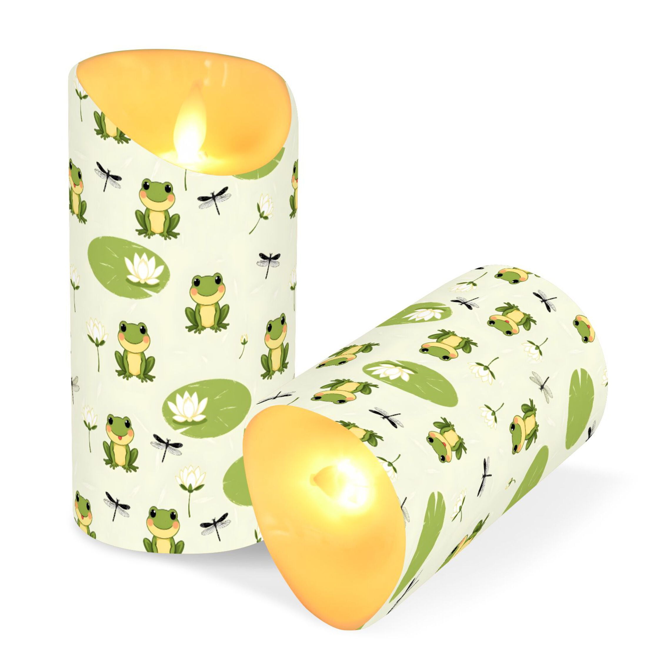 Frog Dragonfly Lotus Flower Flameless Candles 2 PCS with Remote Realistic Moving Flame LED Tapered Pillar Set for Home Decor