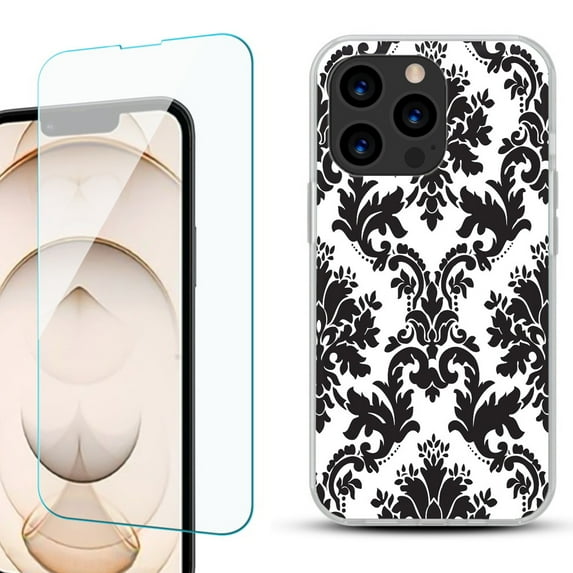 Slim-Fit Anti-Scratch Gel TPU Phone Case for iPhone 13 Pro, with Tempered Glass Screen Protector, by OneToughShield ® - Victorian White/Black