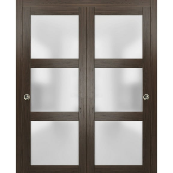 Sliding Closet Frosted Glass Bypass Doors 64 x 80 inches | Lucia 2552 Chocolate Ash | Sturdy Top Mount Rails Moldings Trims Hardware Set | Wood Solid Bedroom Wardrobe Doors