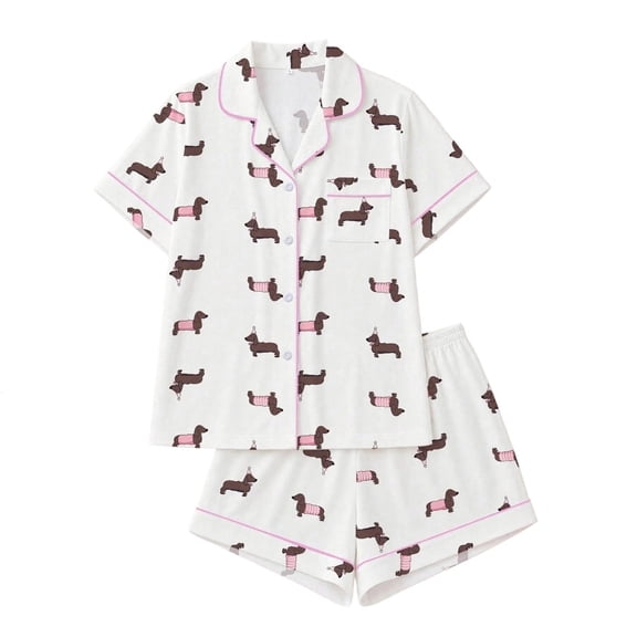 CUZIBR Toddler Boys Girls Pajamas Short Sleeve Button Down Shirt And Shorts 2 PC Sleepwear Cartoon Dog Graphic Lapel Smooth Loungewear Cute Party Daily Homewear,White,3-4 Years