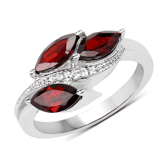 Garnet and White Topaz Three Stone Silver Ring