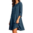 thumbnail image 4 of QUNYINEY Midi Women Summer Dresses 2026 Casual 3/4 Sleeve A Line Dress Solid Loose Fit with Pockets Embroidered Crew Neck Dresses, 4 of 6
