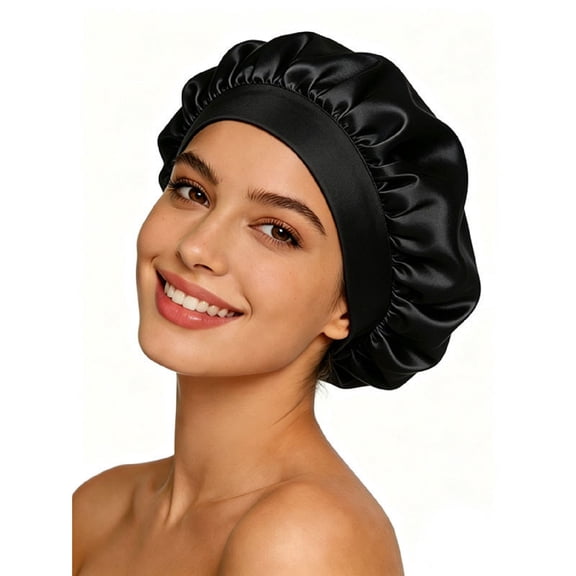 Satin Silk Bonnet for Sleeping, Adjustable Double Layer Silk Sleep Cap for Women & Men, Soft Satin Lined Bonnet for Natural & Curly Hair, Black