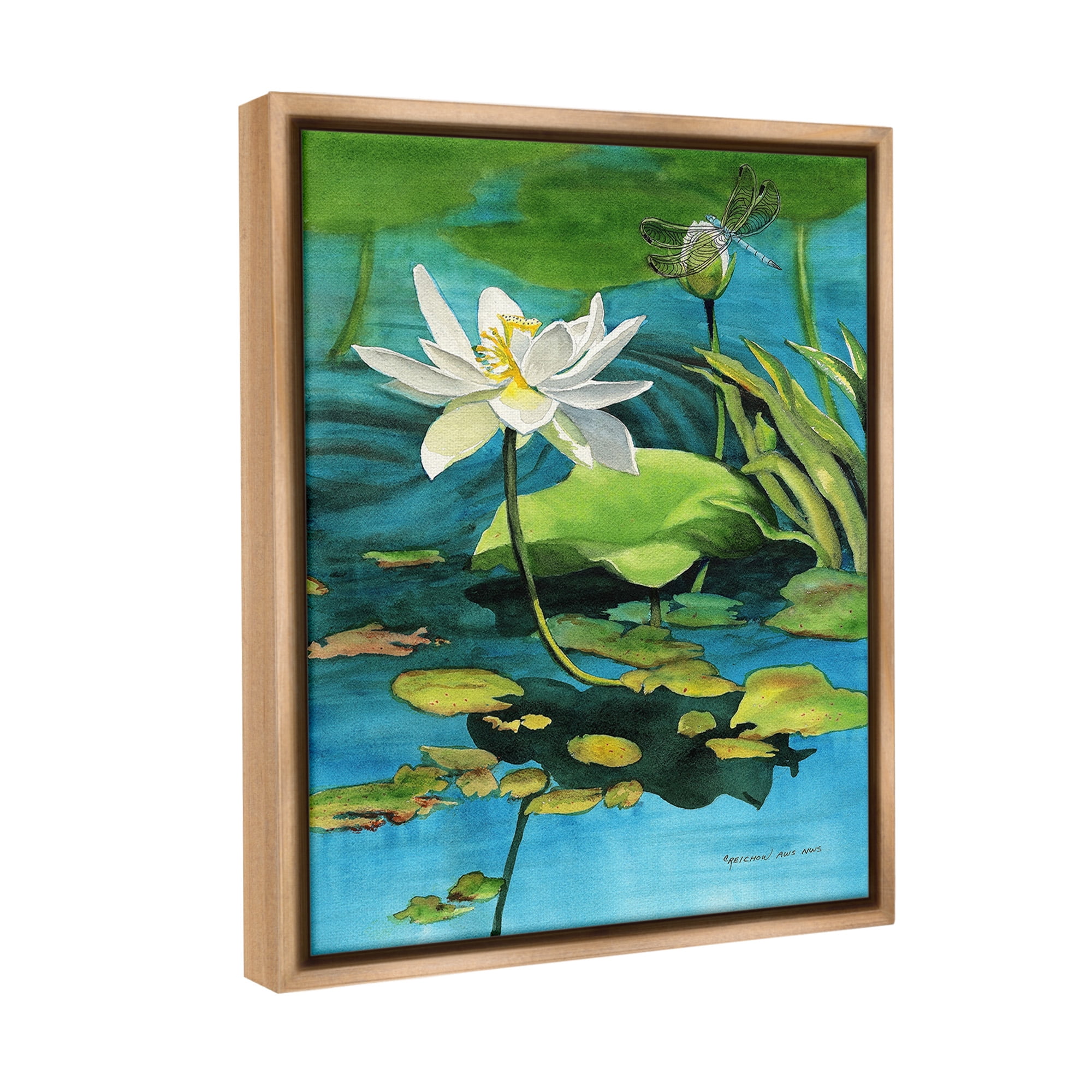 Stupell Industries Pond Lotus & Dragonfly Botanical & Floral Painting Brown Floater Framed Canvas Art Print Wall Art, 17 x 21