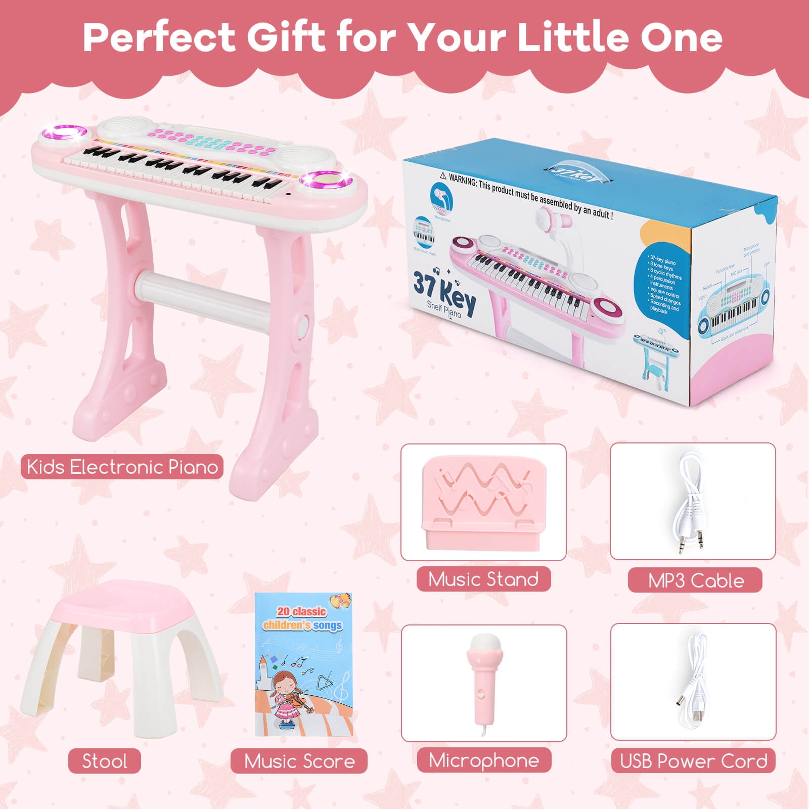 Costway 37-Key Kids Piano Keyboard Playset Electronic Organ Light Pink
