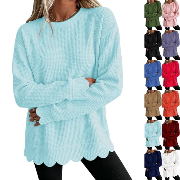 Women's Waffle Knit Crew Neck Long Sleeve Pullover Tops, Scalloped Hem & Scallop Cuffs Design, Loose Fit Casual Sweatshirt, Solid Color Fall Tunic Shirts for Women Light Blue S