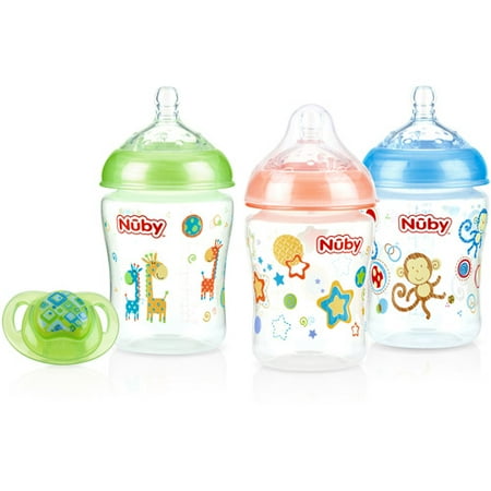 Nuby 3-Pack Natural Touch 9-oz Printed Baby Bottles with Comfort Orthodontic Pacifier, Neutral, BPA-Free