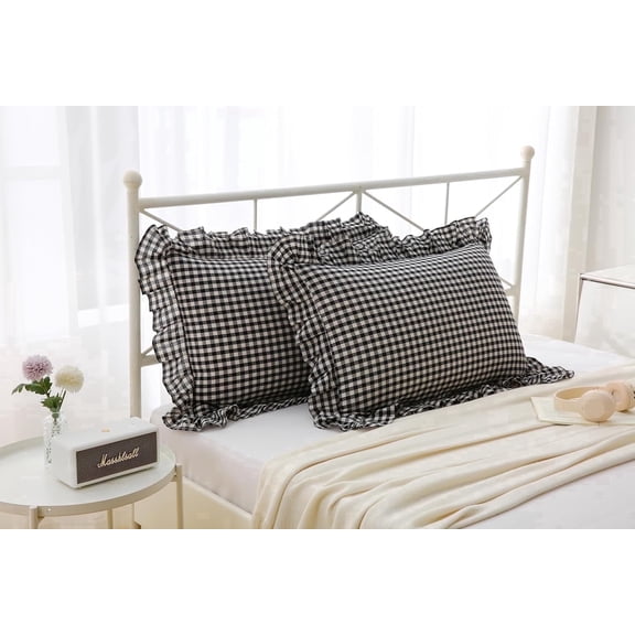 Black White Plaid Ruffles Pillow Shams Checkered Pillowcases Gingham King Size Pillow Cases Washed Cotton Farmhouse Cottage Pillow Covers for Bed/Sofa(20X36inches,Black/White Plaid,2 Pack