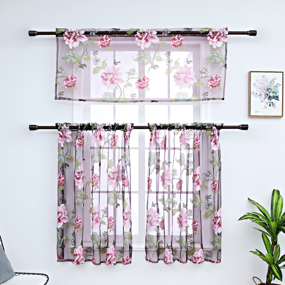 Floral Embroidered Semi Sheer Kitchen Curtain Set with 2 Tiers and 1