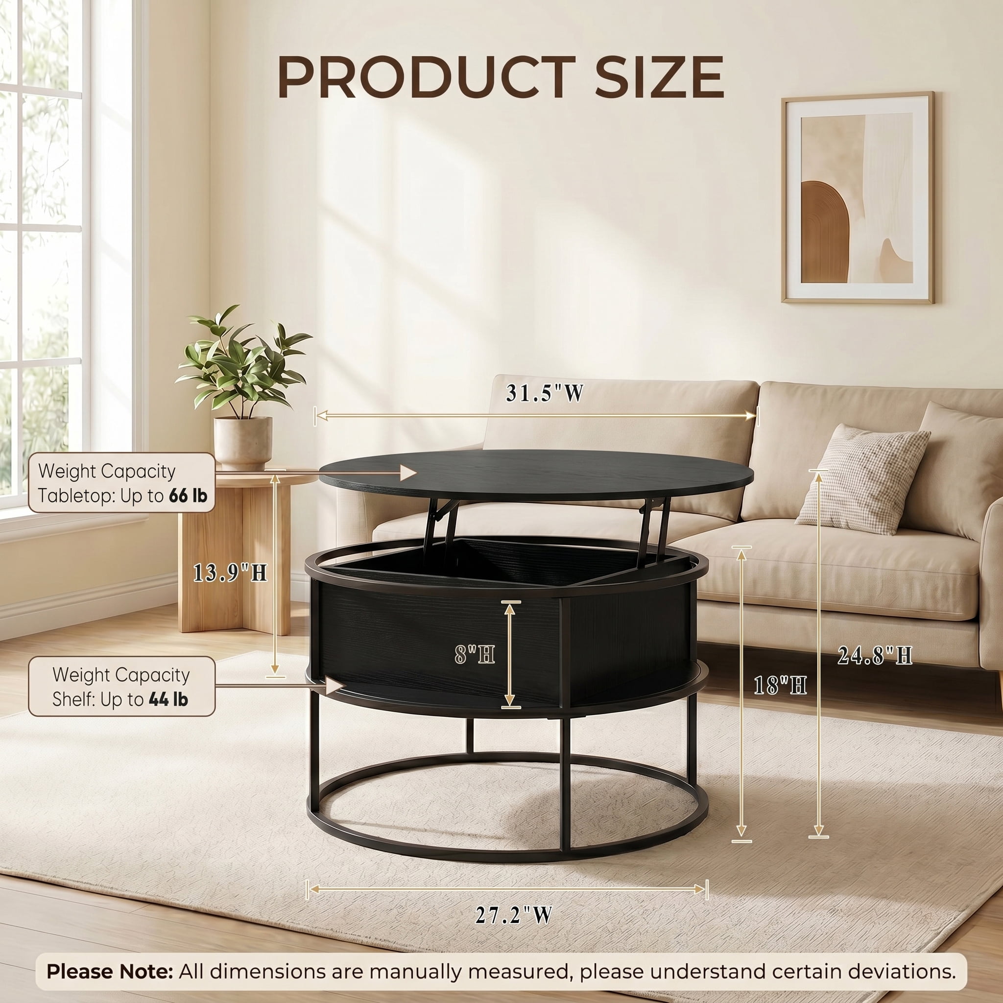 Cenovo Round Lift-Top Coffee Table with Hidden Storage and Open Shelf Modern Farmhouse Center Table for Living Room,Black