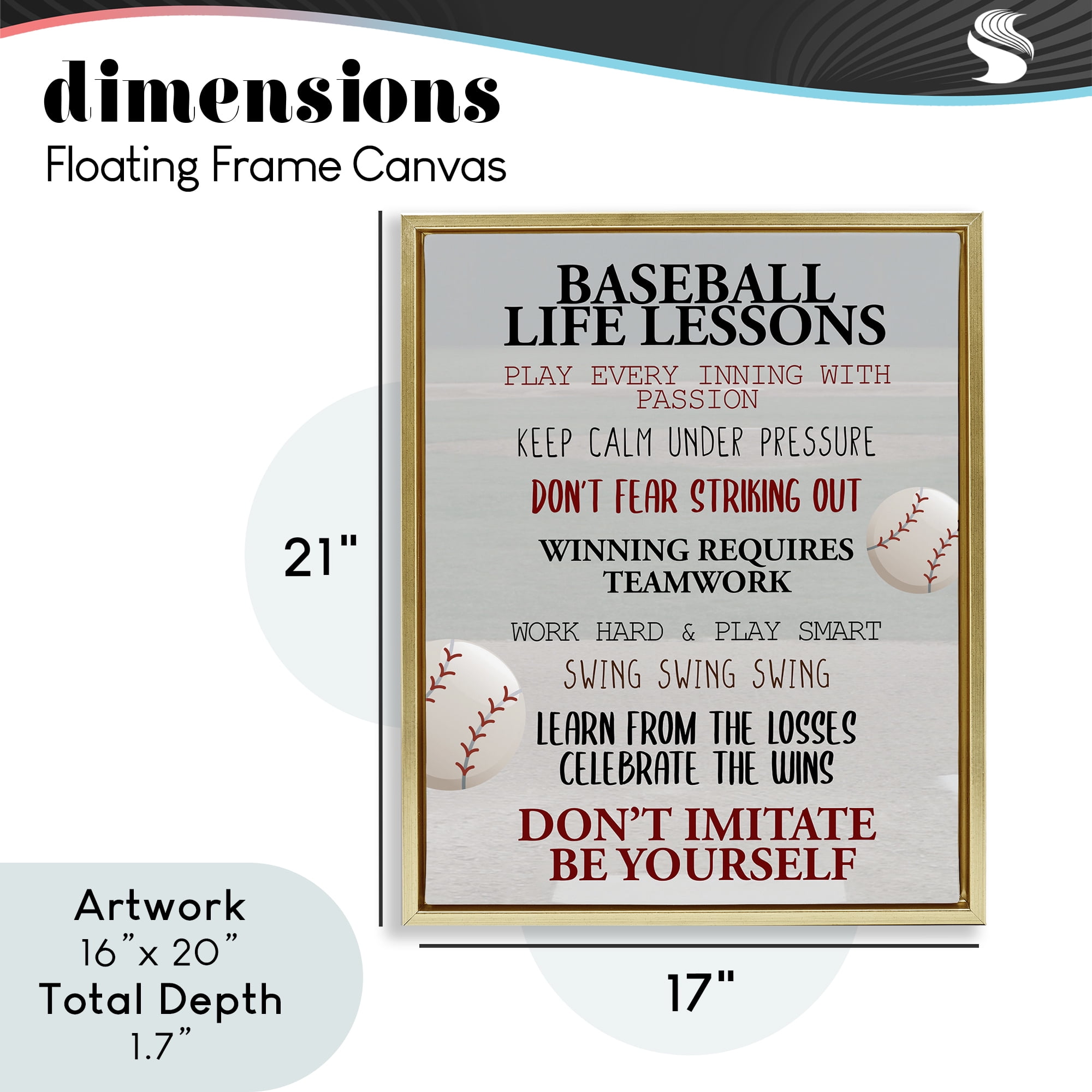 Baseball Life Lessons Gold Framed Floater Canvas Wall Art, design by Kim Allen