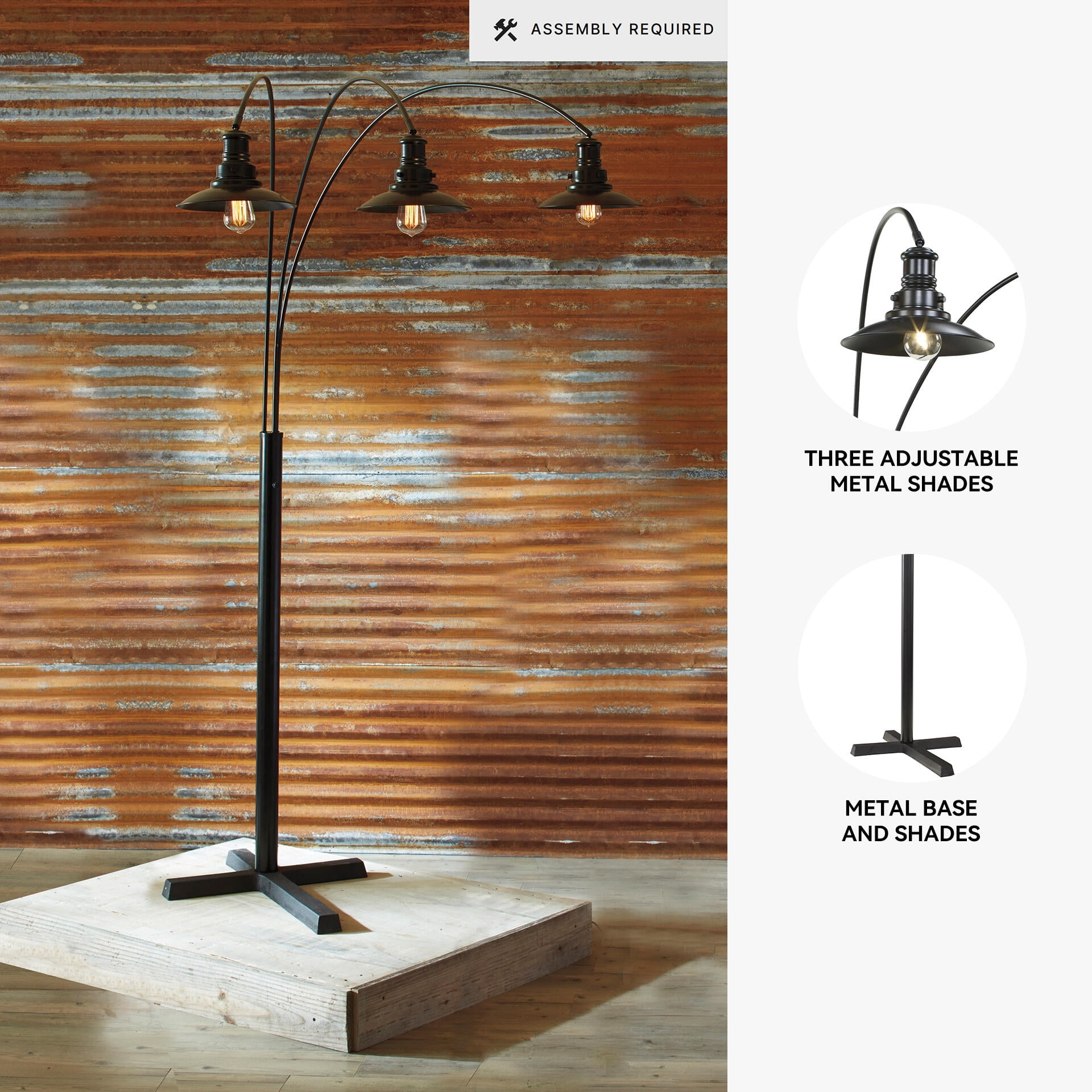 Signature Design by Ashley Sheriel Metal Arc Floor Lamp, Black, Adjustable 3-Light Floor Lamp with Dimmer Switch