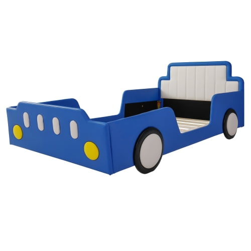 Twin Size Race Car Shaped Platform Bed with Wheels and Safety Rails, Blue