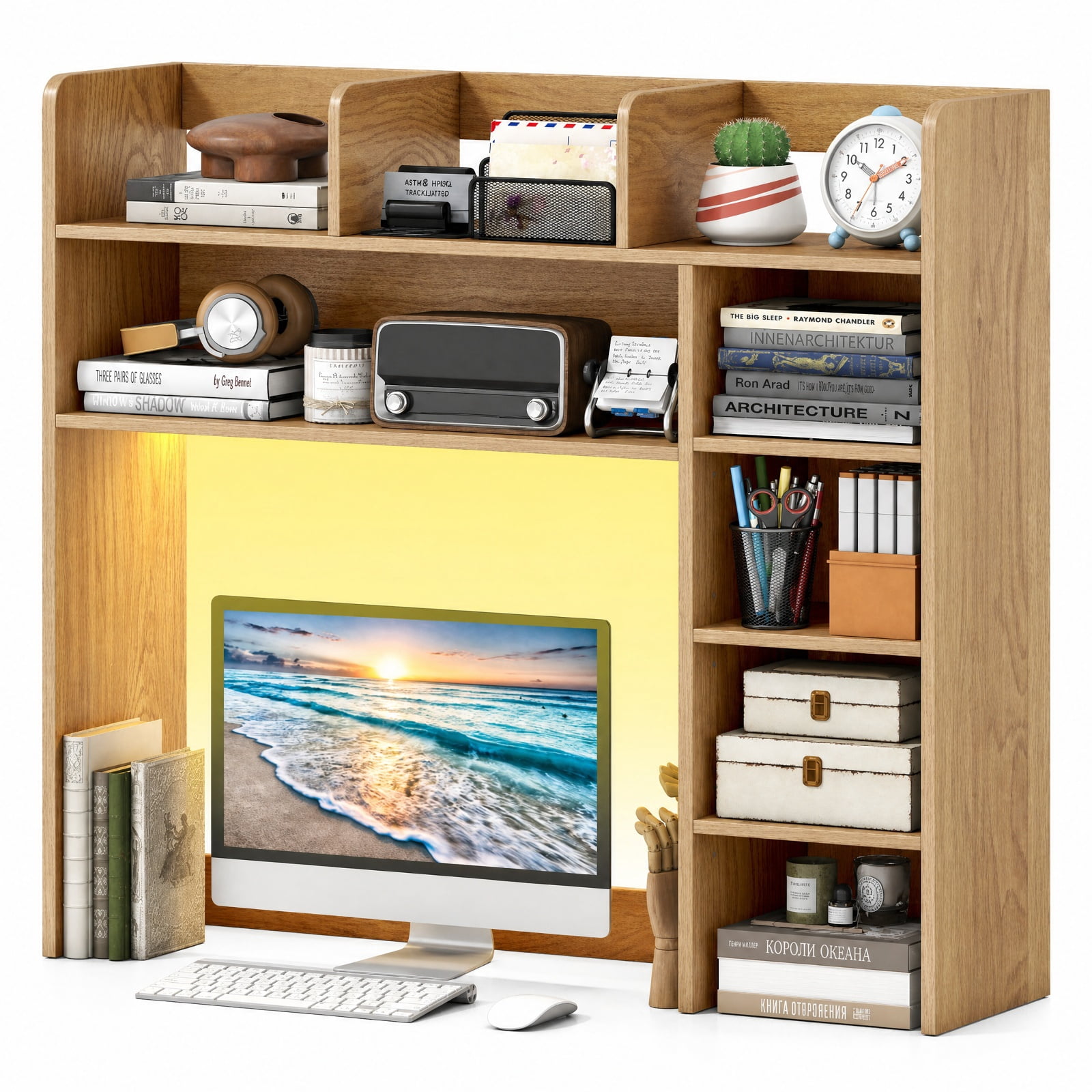 Furnibear Desktop Bookshelf with LED Lights 35.5 Inch Wood Desk Hutch Storage Organizer with Adjustable Shelves and Remote, Natural