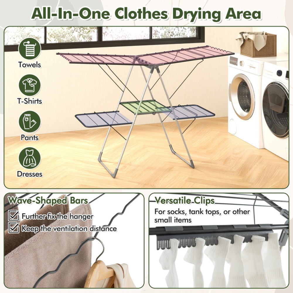 Finihen Drying Rack, Clothes Drying Rack, 2-Tier Clothes Drying Rack with 33 Drying Rails and Height Adjustable Gullwings, for Indoor, Outdoor, Silver Finihen Drying Rack, Clothes Drying Rack, 2-Tier Clothes Drying Rack with 33 Drying Rails and Height Adjustable Gullwings, for Indoor, Outdoor, Silver