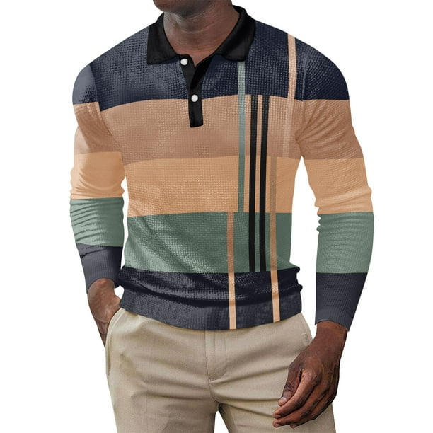 pstuiky Camisas para hombre de manga larga, Camisa de manga larga con solapa y botones de tela holgada con diseño de patchwork para hombre salir tops m
