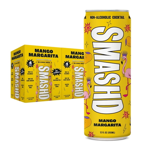 SMASHD Alcohol-Free Mocktails, Non-Alcoholic Beverage Flavored Sparkling Water, Tequila alternative No Artificial Flavors, Caffeine-Free, with electrolytes, 12 Oz  (Mango Margarita, 12 Pack)
