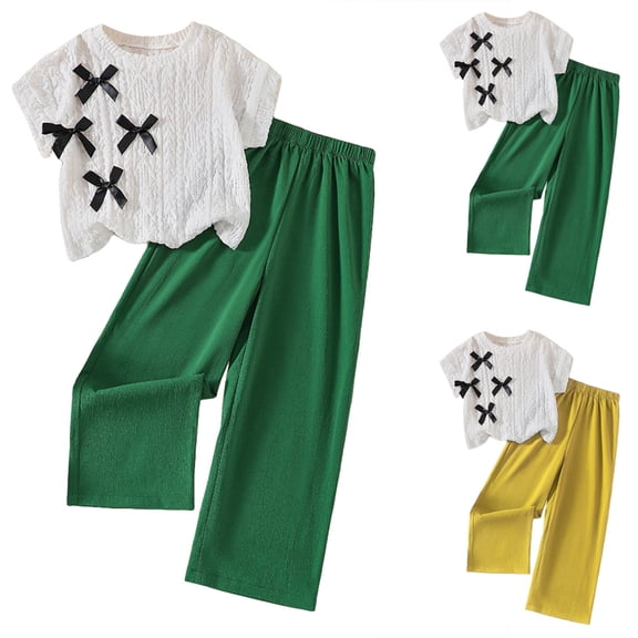 Faraee Girls 2 Piece Outfits Cotton Linen Summer Clothes Bow Short Sleeve Crewneck Tops Shirt Wide Leg Pants Clothing Sets 8-12 Years Green