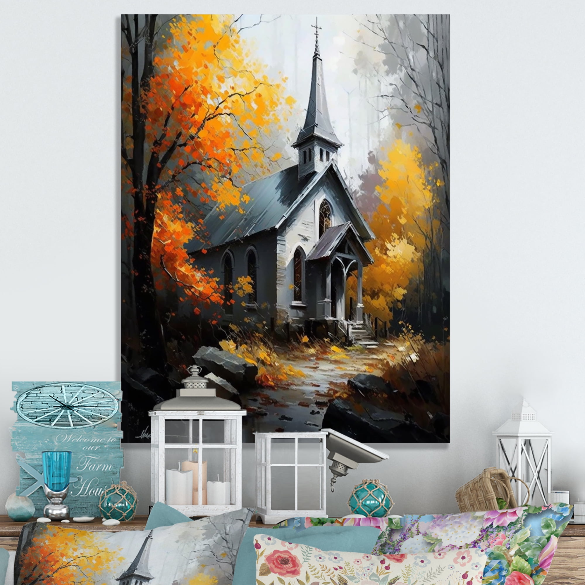 Designart Church In Forest In Autumn II Canvas Wall Art