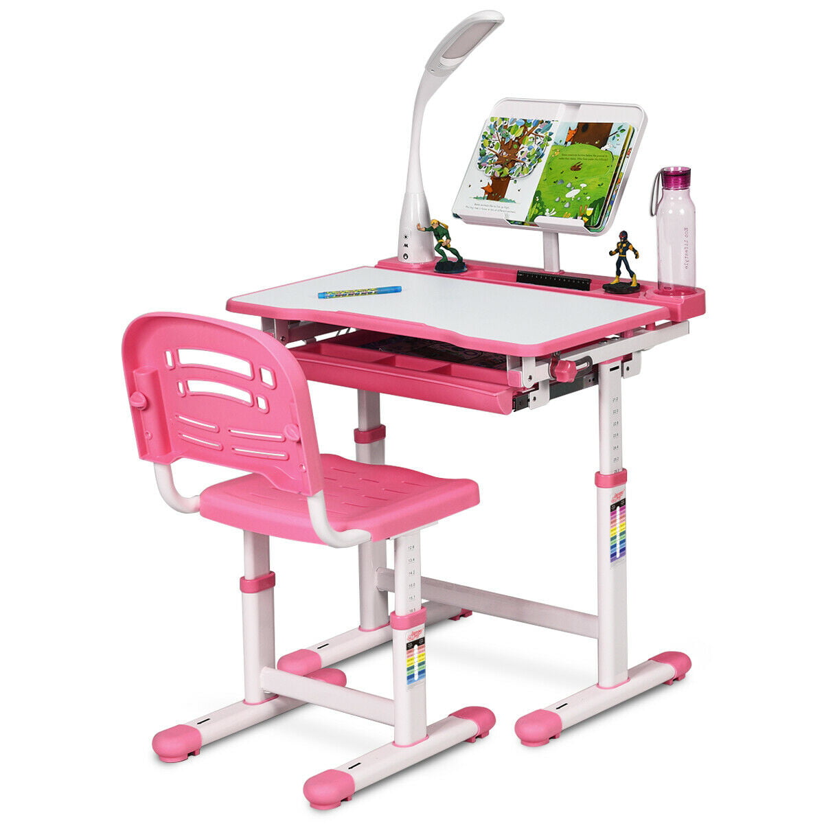 Kids Study Desk and Chair Set Height Adjustable Writing Table with Lamp Pink New 