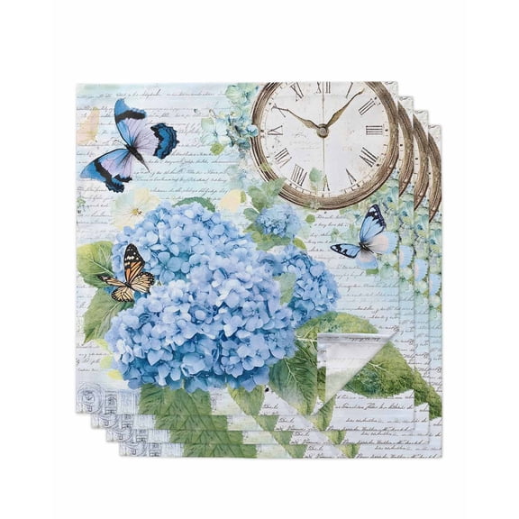 nqOlkjepod Blue Vintage Hydrangea Cloth Napkins Set of 4 Reusable Dinner Napkins, Spring Rustic Clock Butterfly Cocktail Napkin Washable Table Napkins for Wedding/Holiday Party/Baby Shower 20"x20"
