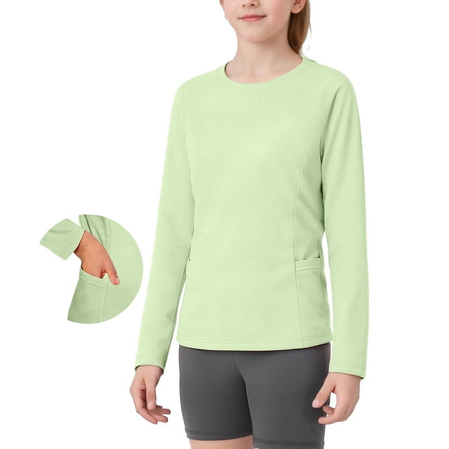 Roncen Rash Guard for Girls UPF 50+ SPF UV Protection Long Sleeve Workout Tops with Pockets Dry Fit Hiking Swim Shirt 4-15 Years