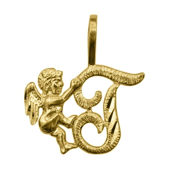 Precious Stars 14K Yellow Gold Cherub and Cursive Initial Letter 'T' Pendant - No Chain, Pendant Only