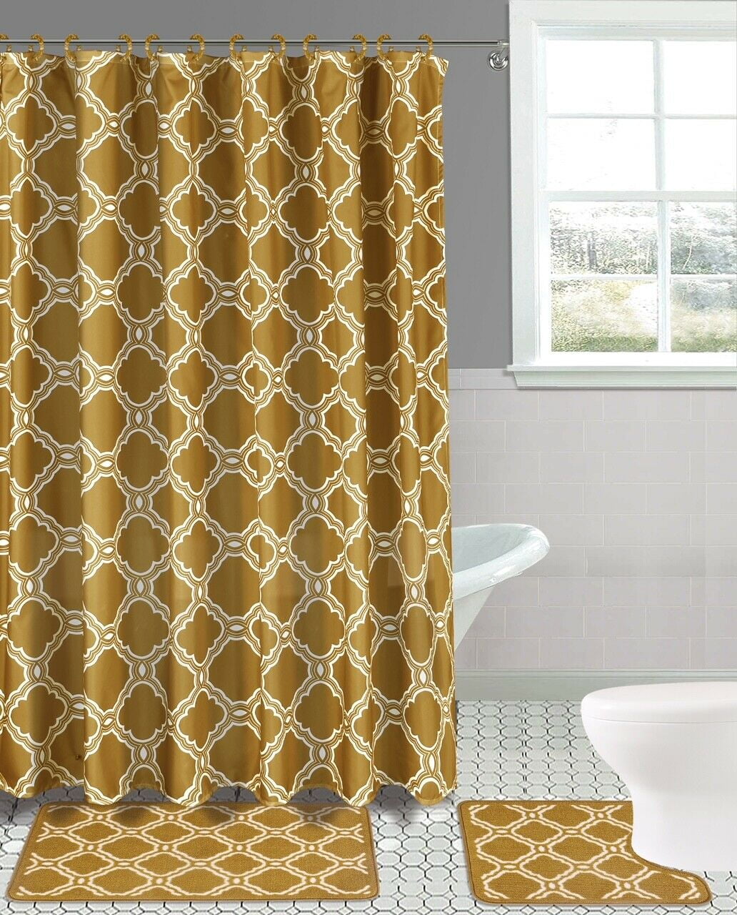Quatrefoil Shower Curtain Polyester Fabric Black Gold Colors Bathroom Design New