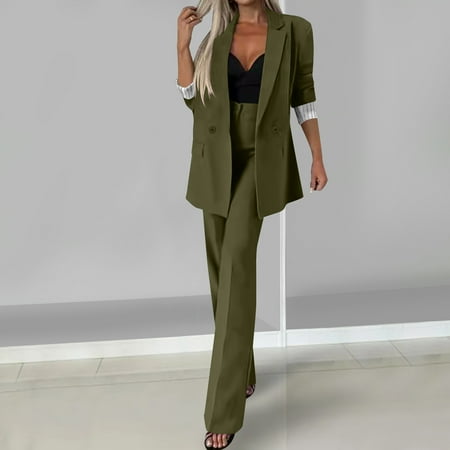 Xdegoge Suit 2 Piece for Women Business Casaul Outfits Oversized Long Sleeve Lapel Striped Cuff Blazer Jacket High Waist Pleated Dress Pants Wide Leg Trousers Trendy formal Pantsuits Sets Officewear