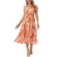 thumbnail image 1 of INSPIRE CHIC Vestido midi de mujer con flores, escote en V, mangas cortas, volantes y capas, talla XL, color naranja, 1 of 6