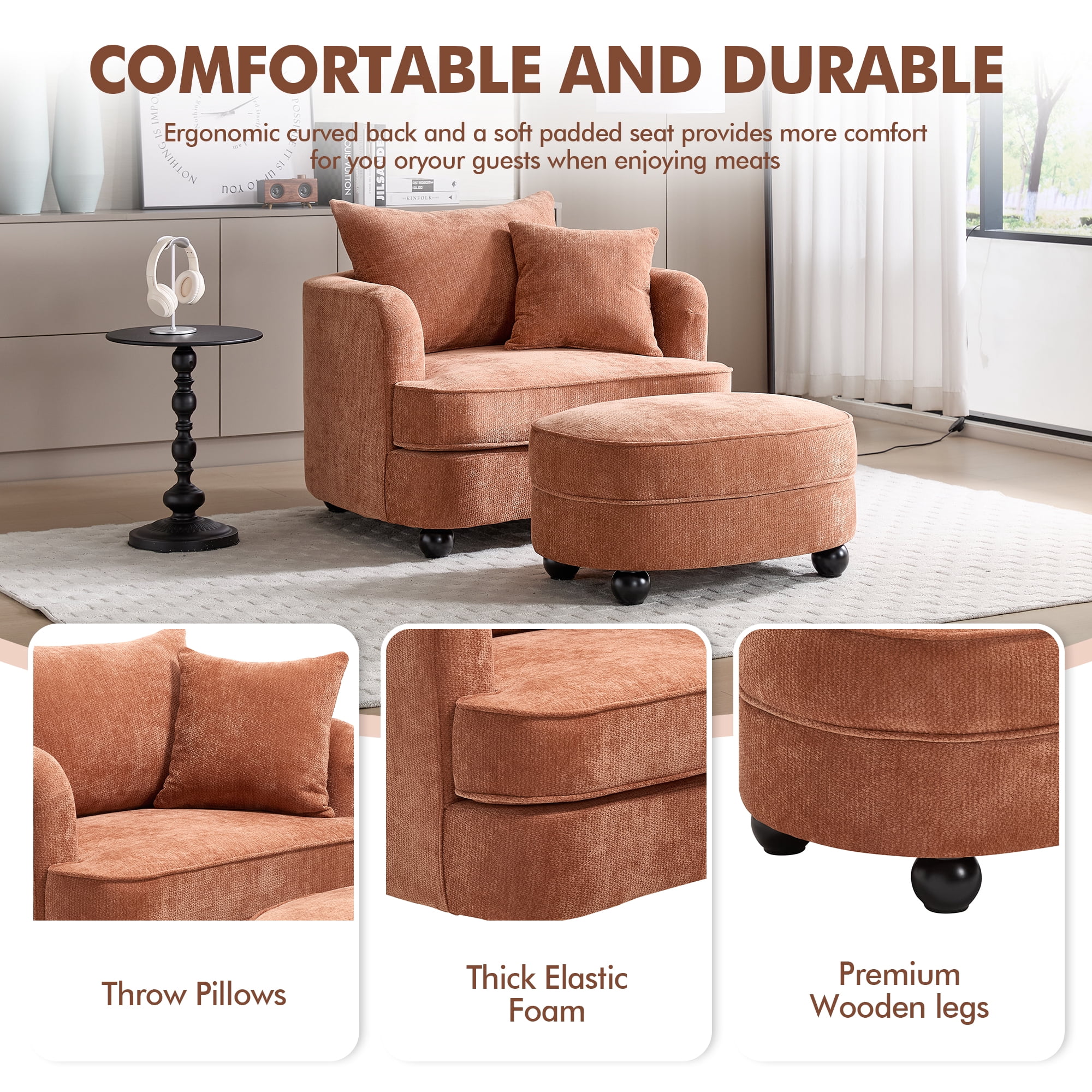 Aukfa Oversized Accent Chair with 2 in 1 Storage Ottoman,Sofa Chaise Chair Armchair for Living Room Bedroom,Orange