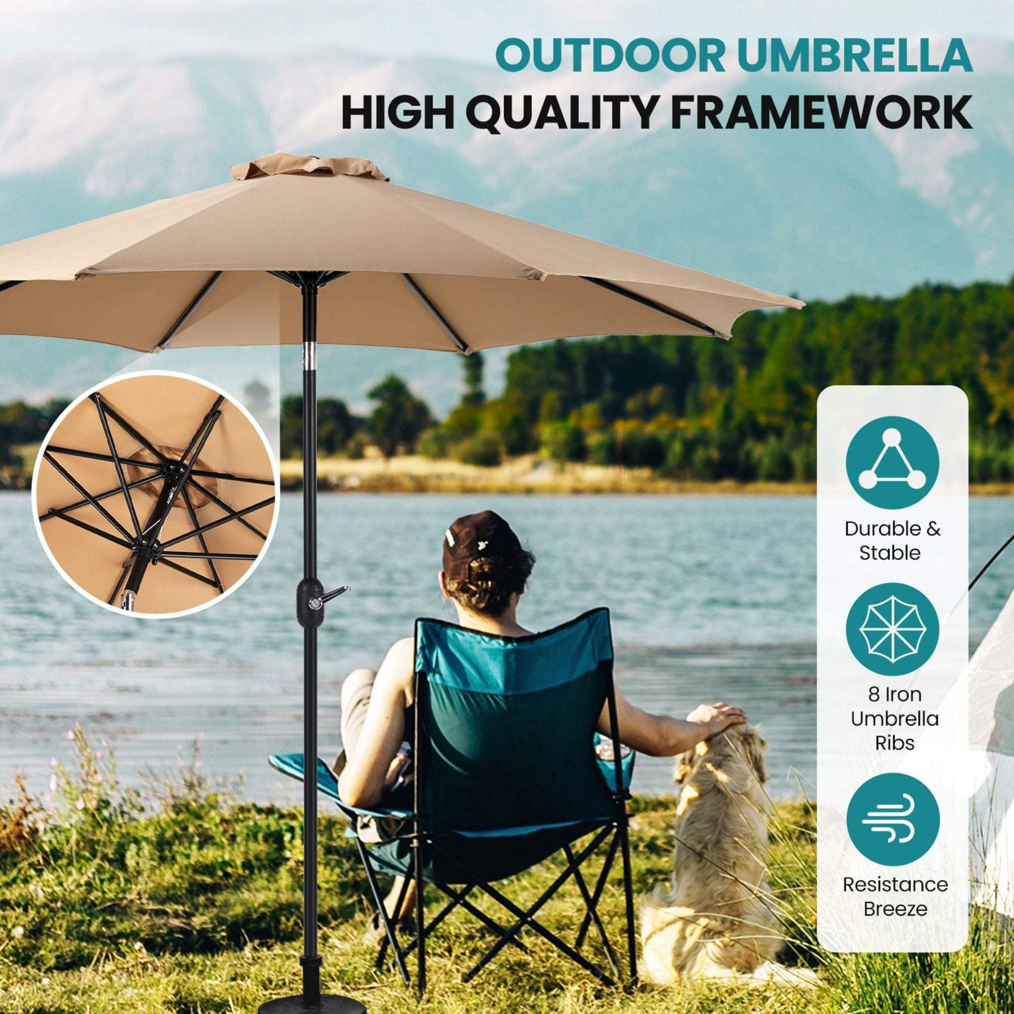 7.5ft Outdoor Patio Umbrella with Tilt Button & Hand Crank, 6-Rib UV-Resistant Waterproof Canopy - Brown